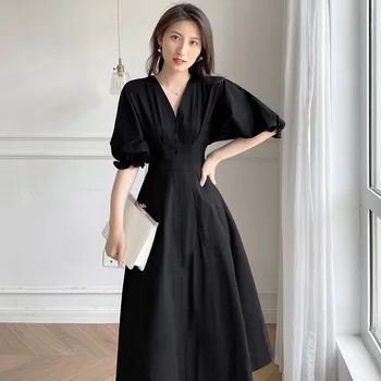 Hepburn Črno Obleko Zabuhle Rokav 2021 Poletje V Vratu francoskem Slogu Visoko Pasu A-line Stranka Obleke, Elegantne Ženske Oblačila
