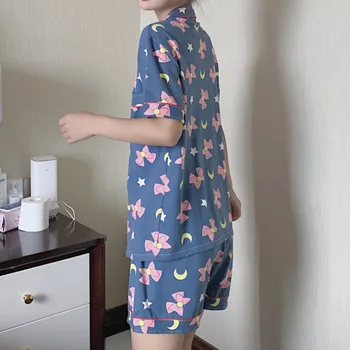Ženska Bombažno Pižamo Nastavite Zavoj navzdol Ovratnik Pižame Kratkimi bo Ustrezala Mehka Sleepwear Ženskih Poletnih Risanka Luna Luna Homewear