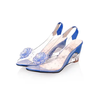 Ženske čevlje Bohemian pregleden Kristalno Nosorogovo Cvet pobočju pete sandala ribe usta čevlji, sandali