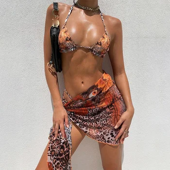 Seksi Leopard Bikini S Krilom Povodcem Kopalke 3 Kos Postavlja Ženske Kopalke 2021 Očesa kopalke Povodcem Bikini Plažo