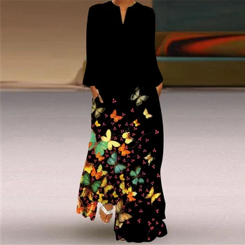 WAYOFLOVE 3D Rose Natisnjeni Črno Obleko 2021 Jeseni Dolg Rokav Plaži Priložnostne Plus Velikost Obleke Ženska Elegantna Dekle Dolga Obleka Ženske