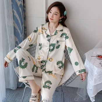 Slik Sleepwear Nastavite Ženske Pižame Obleko z Dolgimi Rokavi Dveh Kosov Domov Nositi Dolge Hlače Ženske 2021Spring Poletnih Oblačil za Ženske