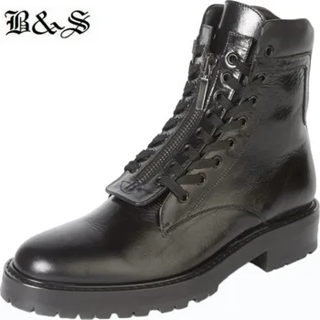 Black& Ulica dvojno čipku z zadrgo oblikovalec pravega usnja visoki vrh orodje črni kavboj ulica cowhide boot