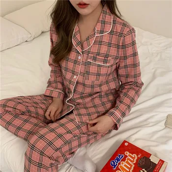 Korejski slog karirasti pižamo nastavite preprost doma nastavite bo ustrezala pomlad ženske priložnostne nekaj pižame modra pim kariran pjs sleepwear L284