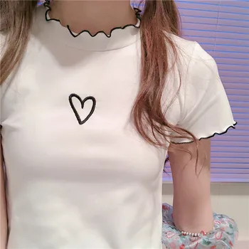 Ženske T-shirt Izpostavljeni Popka Majhne sveže Kratki rokavi T-Shirt Ruffle Cvet Ljubeč Vezenje Slim Mehko Sestra Vrhovi Preppy Stil