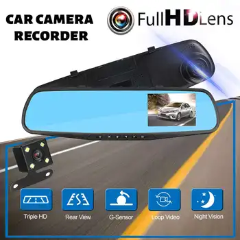 Avto DVR Kamera 4.3 palčni Full HD 1080P Avtomobilskih Podatkov Diktafon Rearview Mirror Dash Digitalni Video Snemalnik Dual Objektiv Kamere