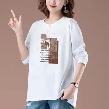 Bombaž Long Sleeve Majica s kratkimi rokavi ženske jeseni vsestranski T-shirt korejski svoboden velikosti baze majica s top moda