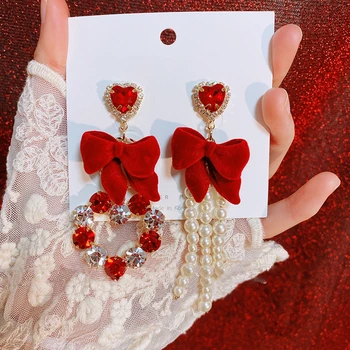 Elegantno Korejski Rdeči Žamet Bowknot Asimetrične Dolgo Spusti Uhani Za Ženske Modni Kristalno Srce Pendientes Nakit