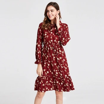 2020 Pomlad Obleko Ženske Long Sleeve Vintage Šifon Obleko Srajco Vestidos Za Gospe Priložnostne Cvetlični Midi Jeseni Obleke Polka Dot