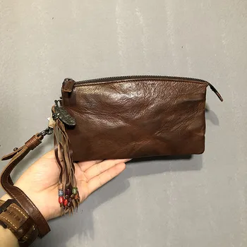 Moda ročno letnik rese žensk pravega usnja denarnice oblikovalec razkošje naravnih cowhide zadrgo telefon sklopka torbici