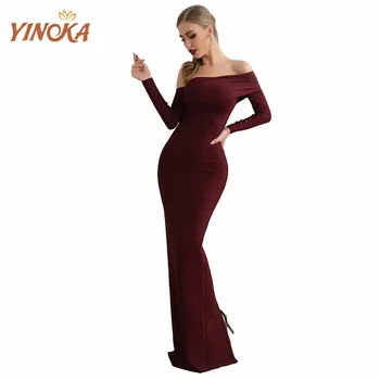 Yinoka bodycon obleko seksi žensk povoj dolg rokav vino, rdeče, črno rajon tkanine formalno eleganten nov izdelek 2020